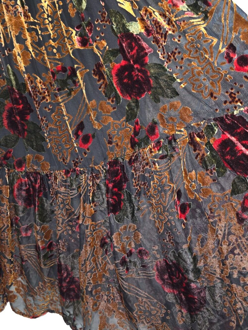 Baltic Born Velvet Burnout Dress L Maxi Puff Sleeve Smocked Black Copper Floral - Picture 8 of 12